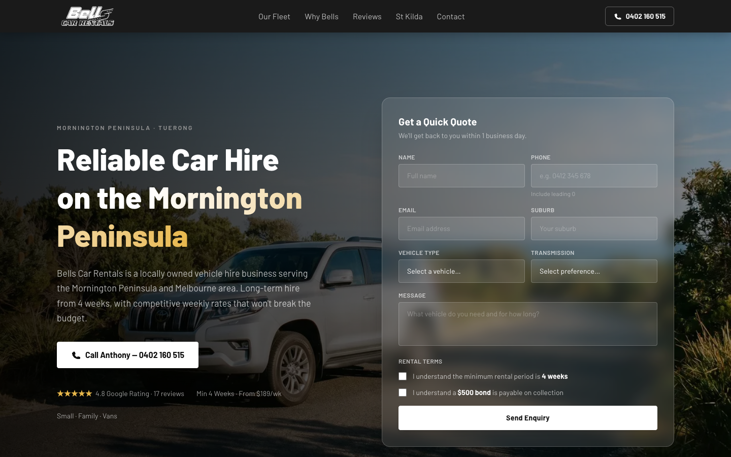 Bells Car Rentals homepage screenshot