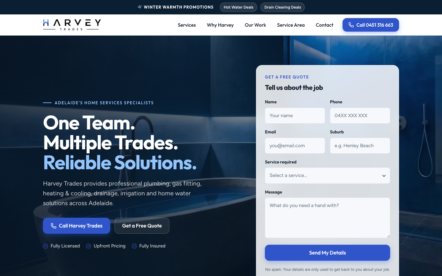 Harvey Trades homepage screenshot