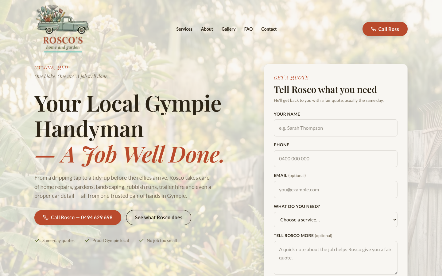 Rosco's Home & Garden homepage screenshot